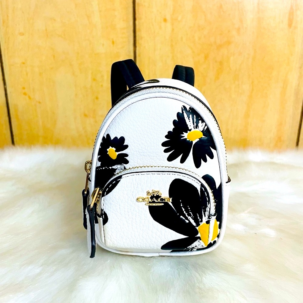 NWT Coach Brown Mini Court Backpack Bag Charm withh Floral Print